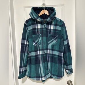 Realtree Teal and Navy Plaid  Fleece Women’s  Hooded Jacket Sherpa Lining Large